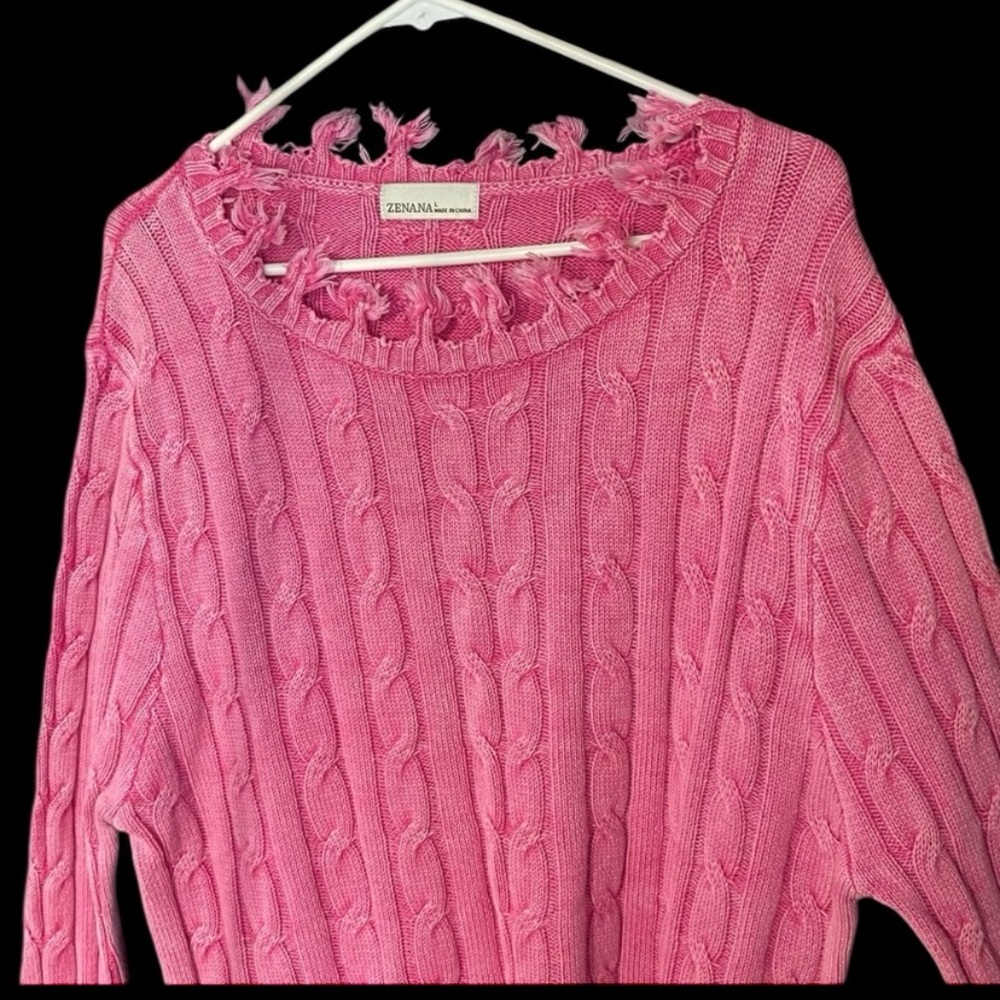 Zenana Outfitters Frayed Pink Cable Knit Sweater